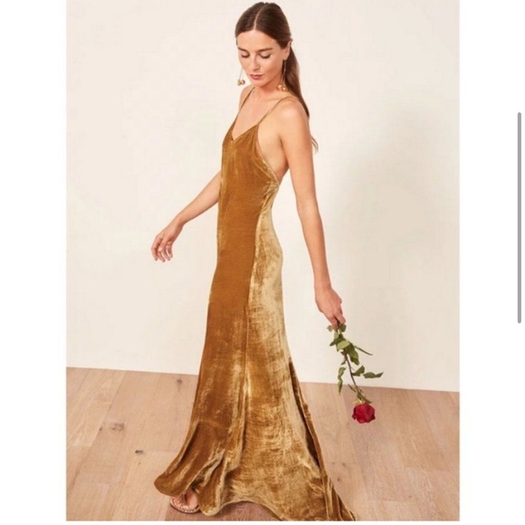 Reformation Rimini Velvet Dress Gold New with Tags! - Picture 4 of 11